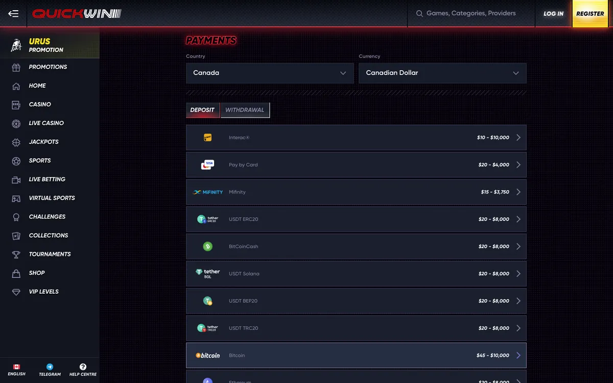 QuickWin Casino — «Платежи», снято из страны Канада