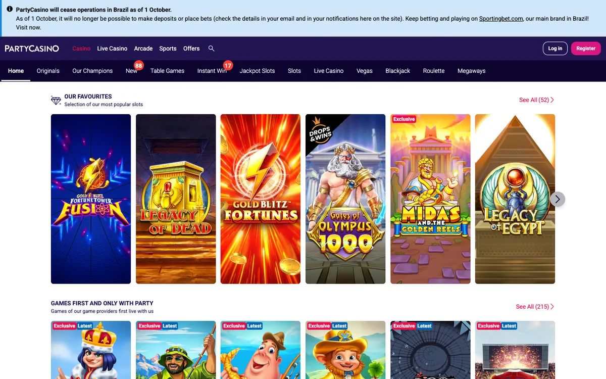 PartyCasino — Home page, captured from Brazil