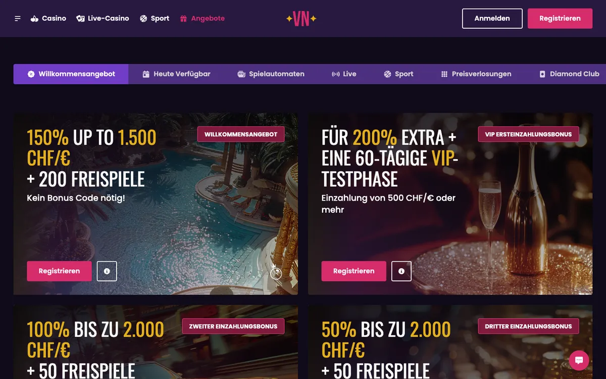Vegas Now Casino — Promotions, captured from Switzerland