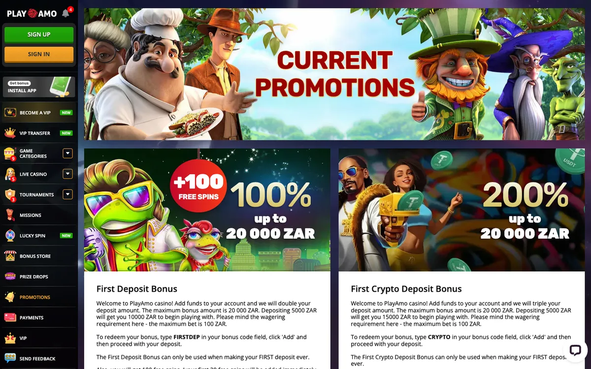 Playamo Casino — Promotions, captured from South Africa