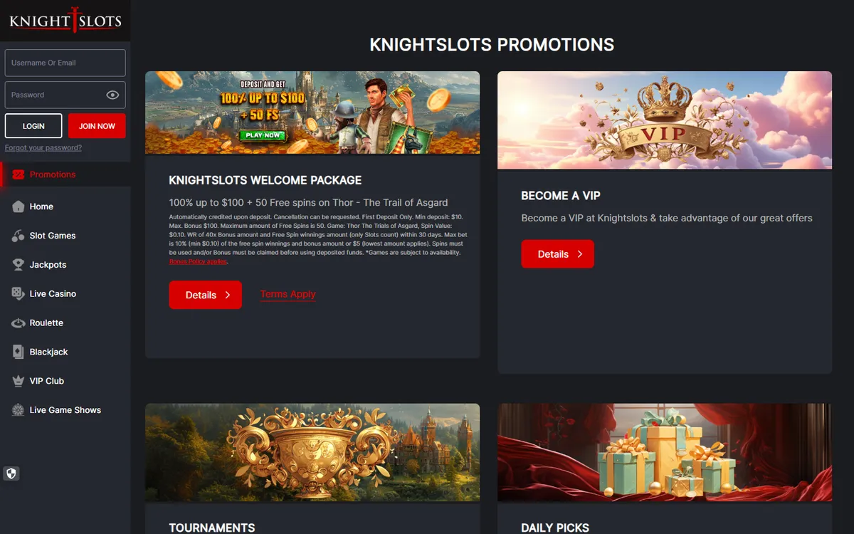 Knightslots Casino — Promotions, captured from Canada