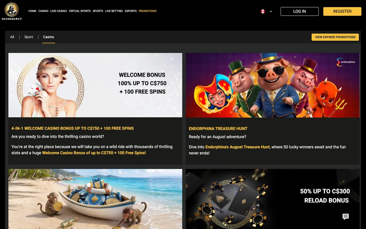 Olympusbet Casino — Promotions, captured from Canada