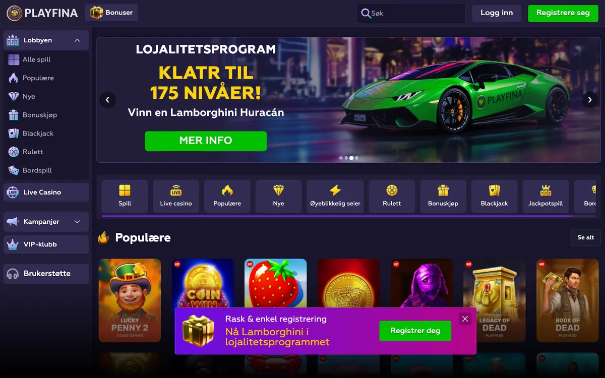 Playfina Casino — Home page, captured from Norway