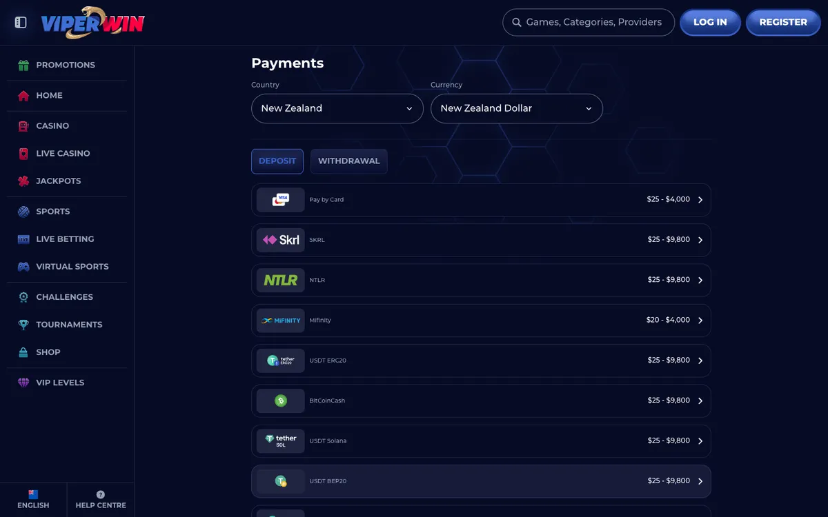 ViperWin Casino — Payments, captured from New Zealand