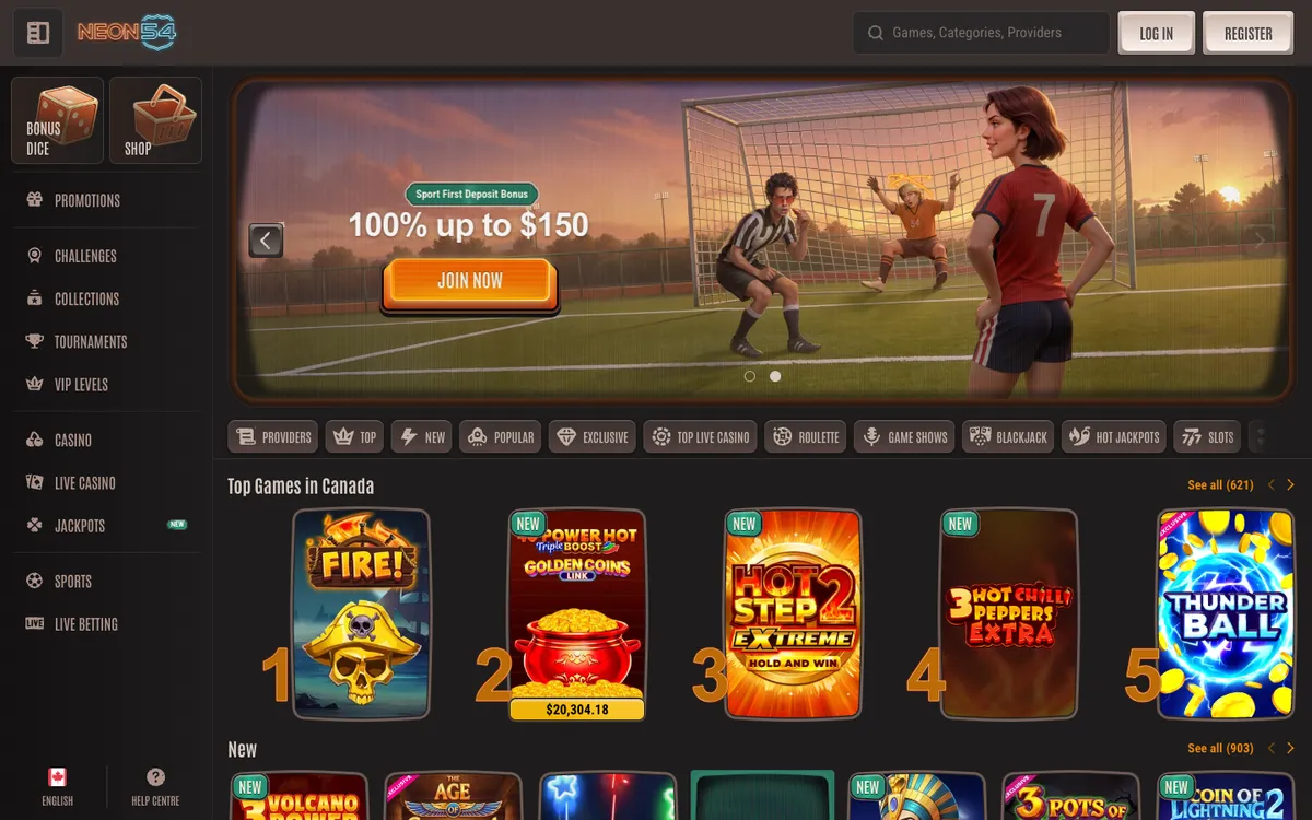 Neon54 Casino — Home page, captured from Canada