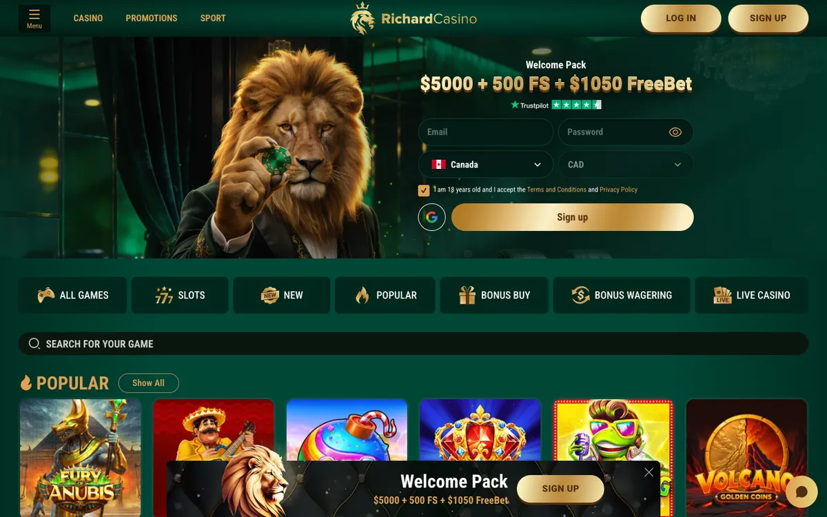 Richard Casino — Home page, captured from Canada