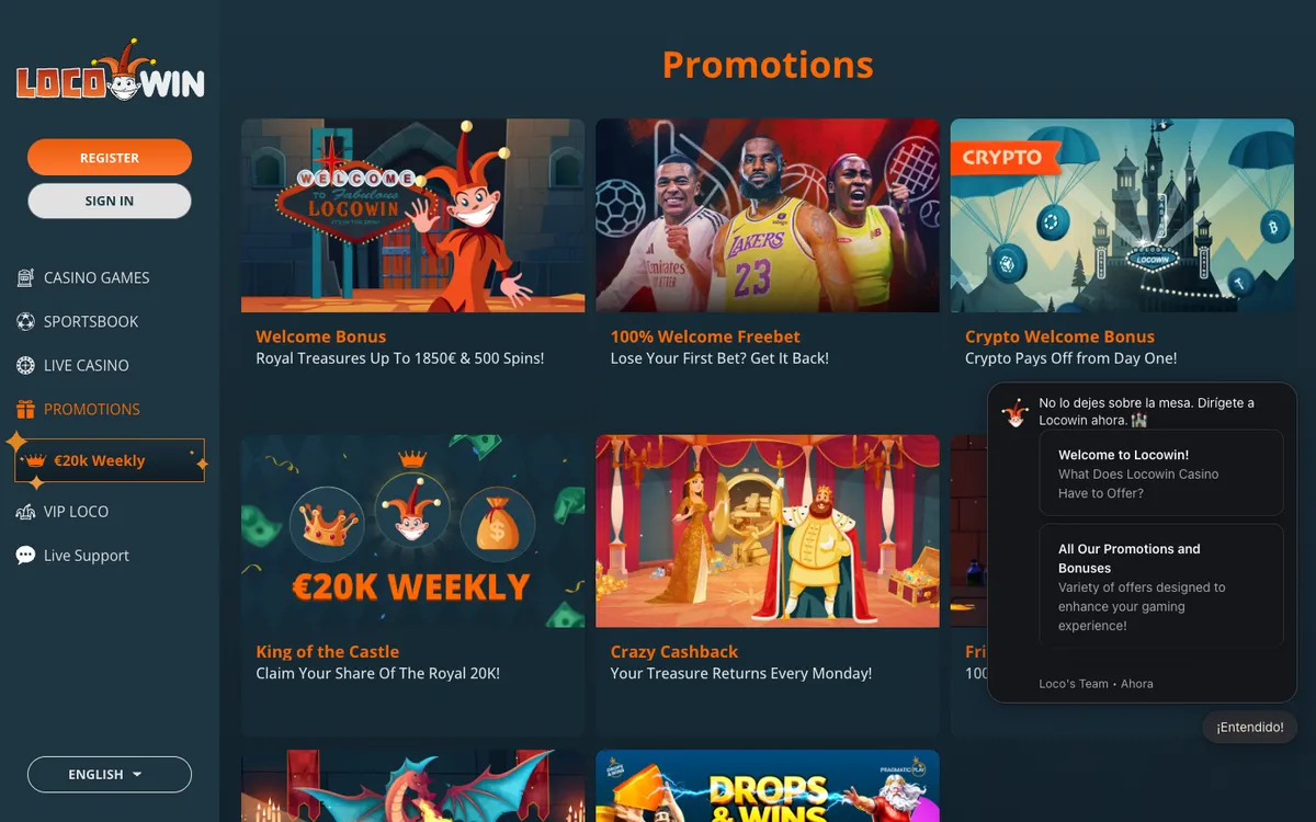Locowin Casino — «Акции», снято из страны Испания