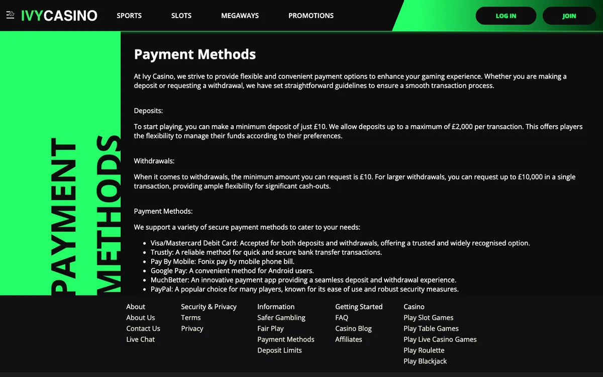 Ivy Casino — Payments, captured from United Kingdom