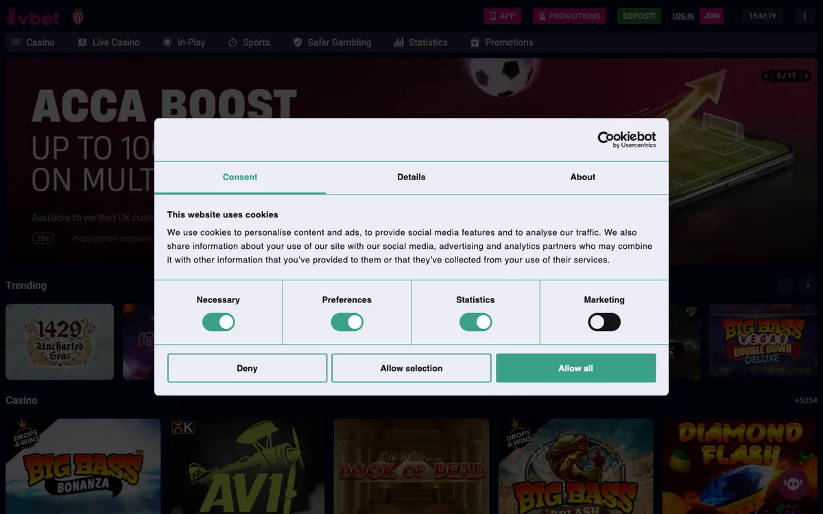 Vbet UK Casino — Home page, captured from United Kingdom