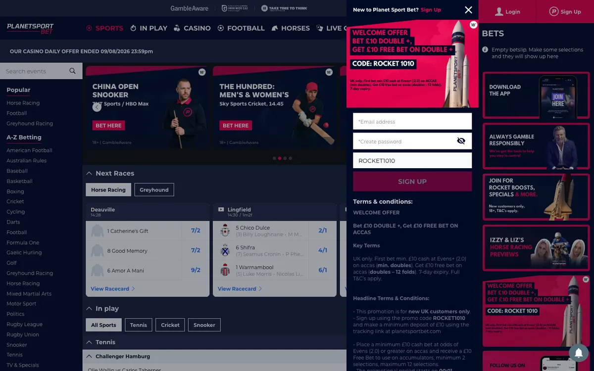 PlanetSportbet Casino — Home page, captured from United Kingdom