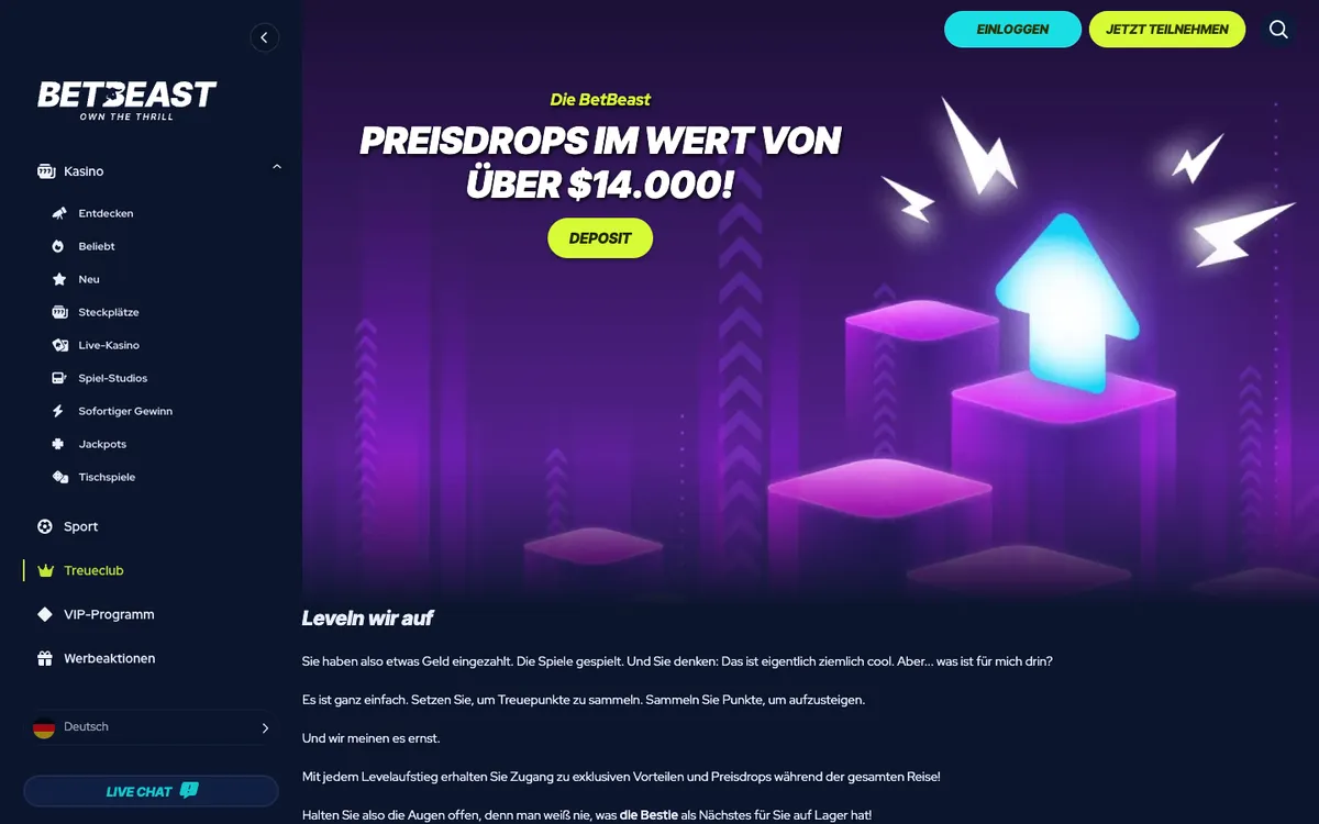 BetBeast Casino — «Акции», снято из страны Германия