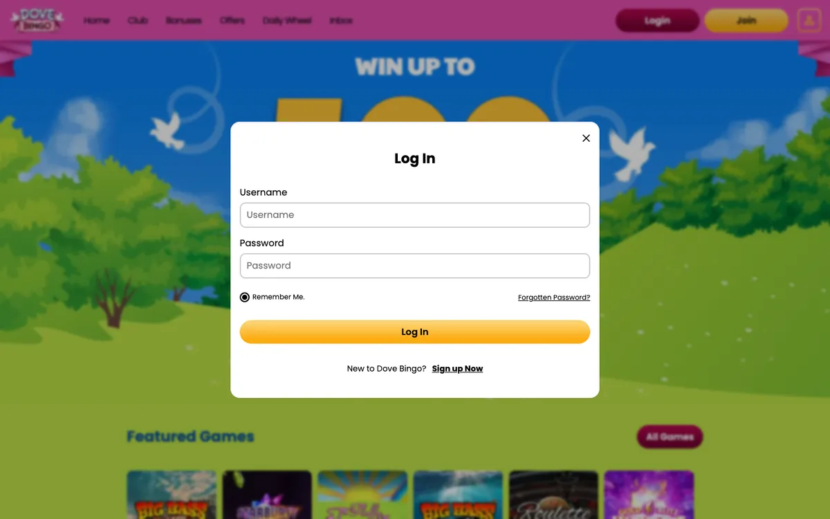 Dove Bingo Casino — Sign-up, captured from United Kingdom