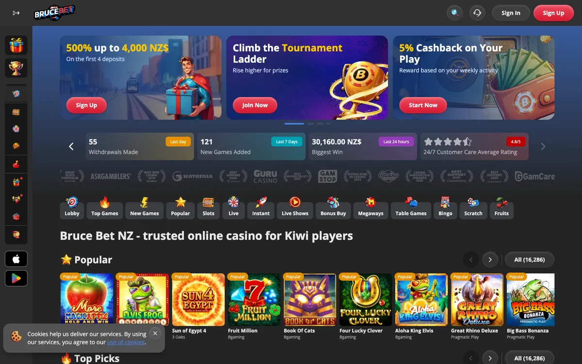 BruceBet Casino — «Главная», снято из страны Новая Зеландия