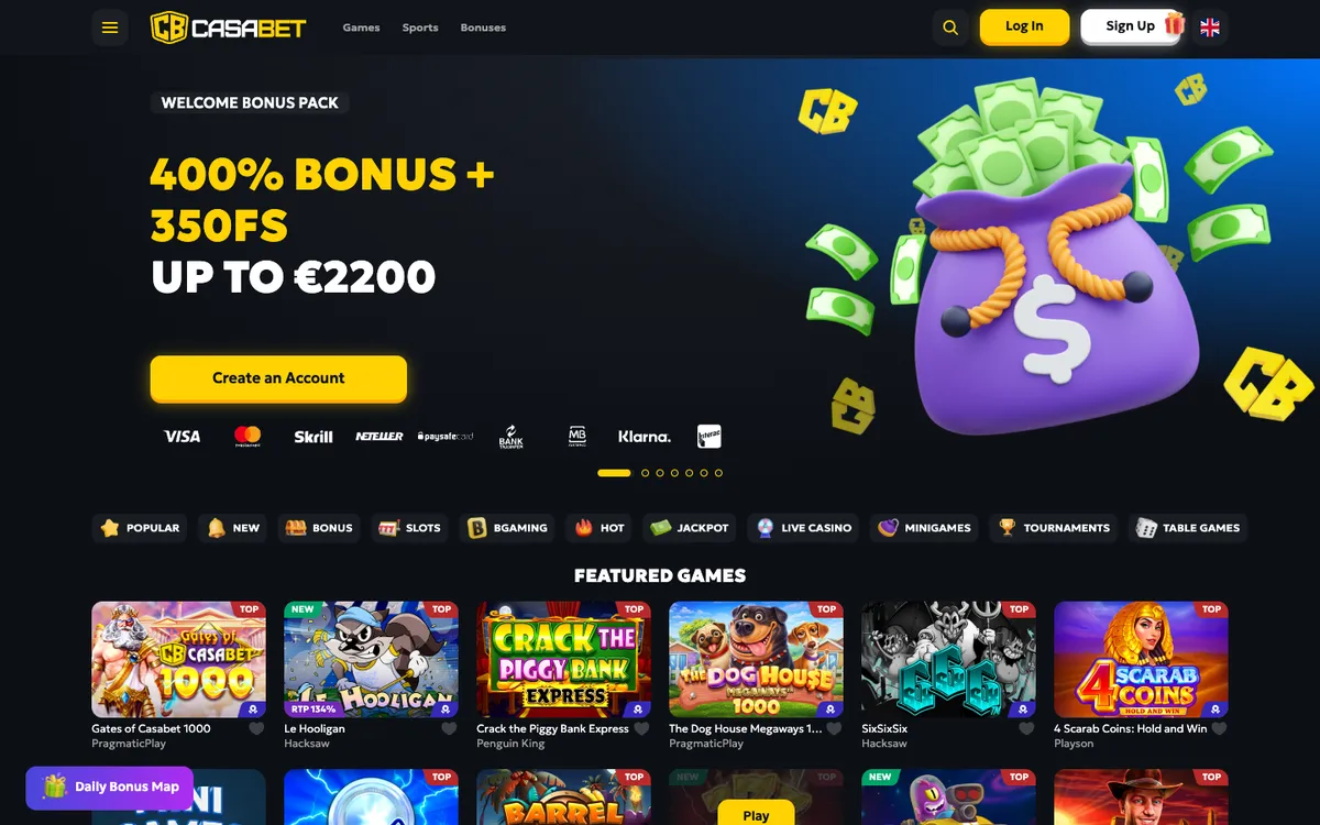 CasaBet Casino — Home page, captured from Canada
