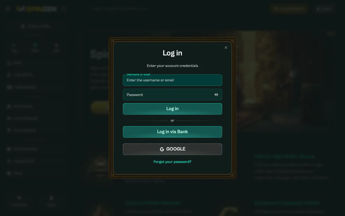 Spinzen Casino — Sign-up, captured from Finland