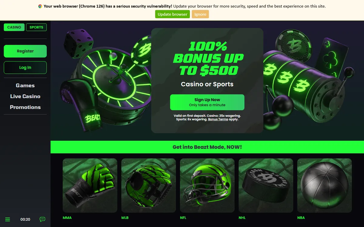 Beazt Casino — Home page, captured from Canada