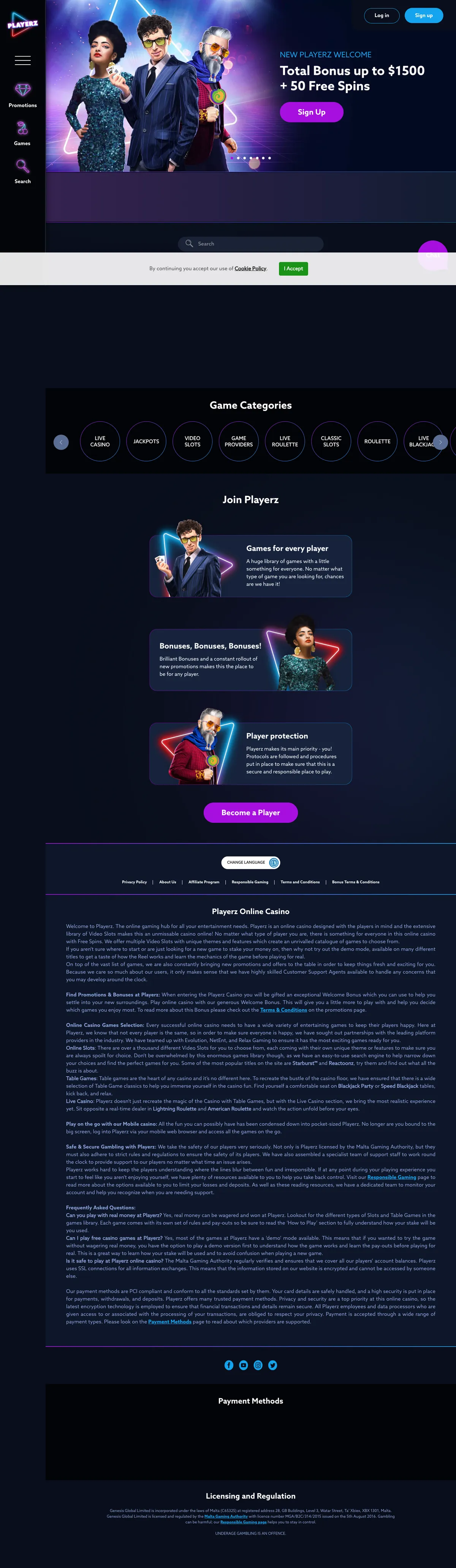Playerz Casino — Home page, captured from Canada