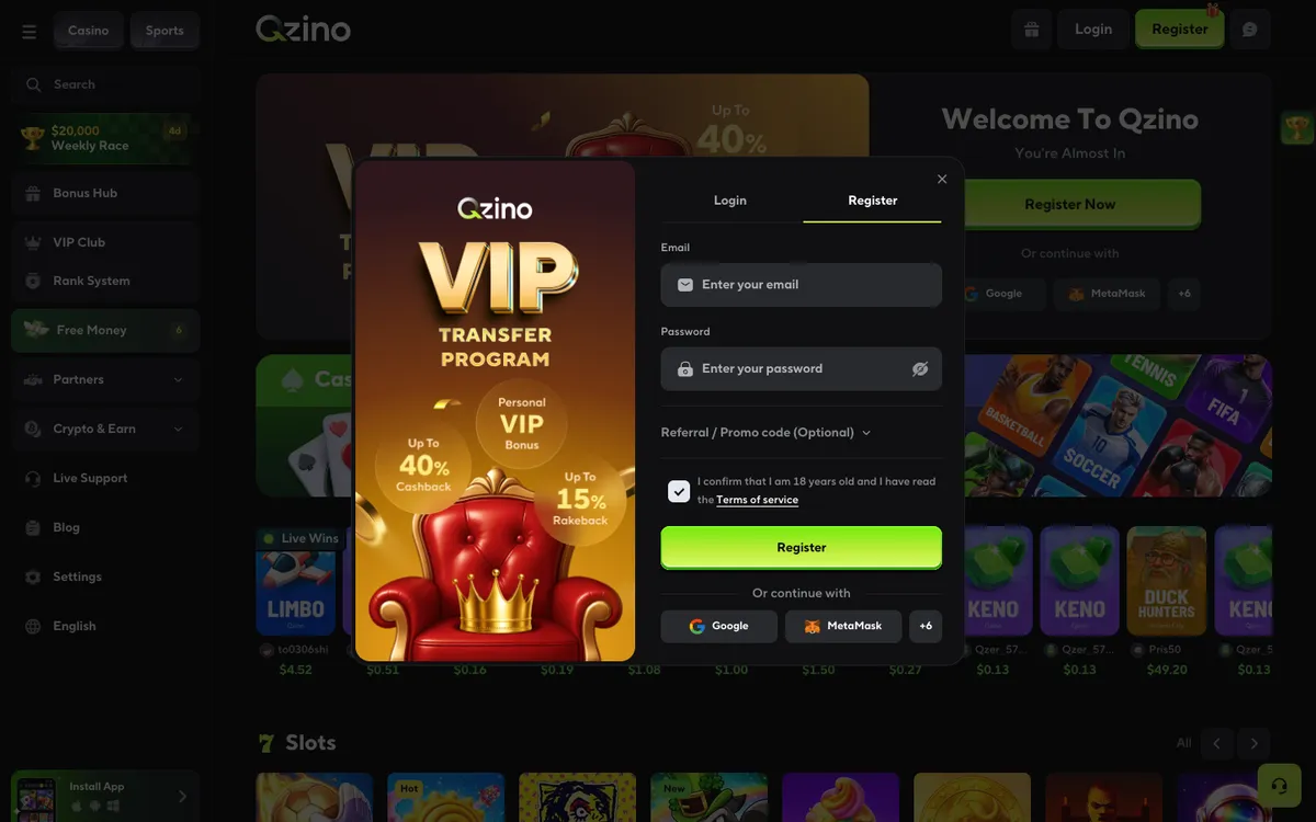Qzino Casino — Sign-up, captured from Italy
