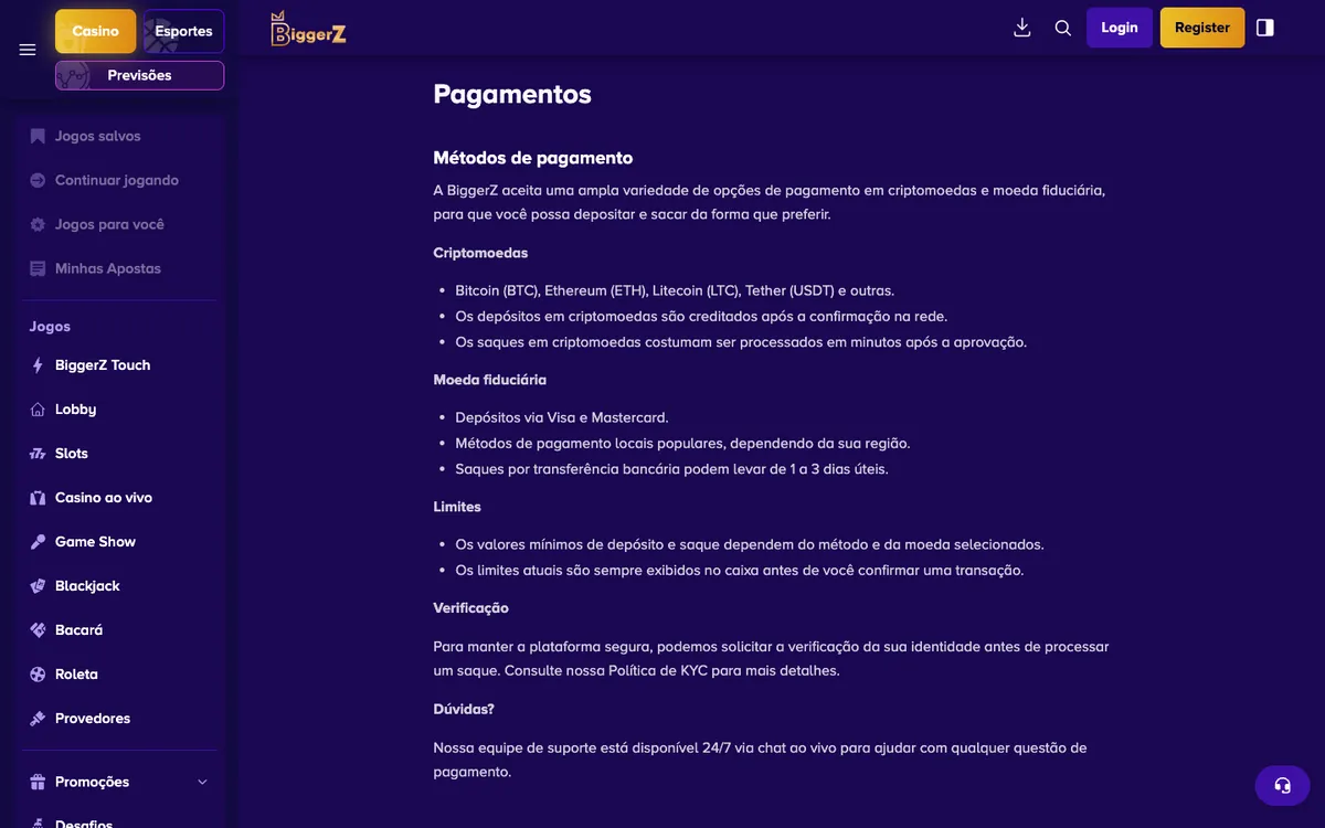 BiggerZ Casino — Payments, captured from Portugal