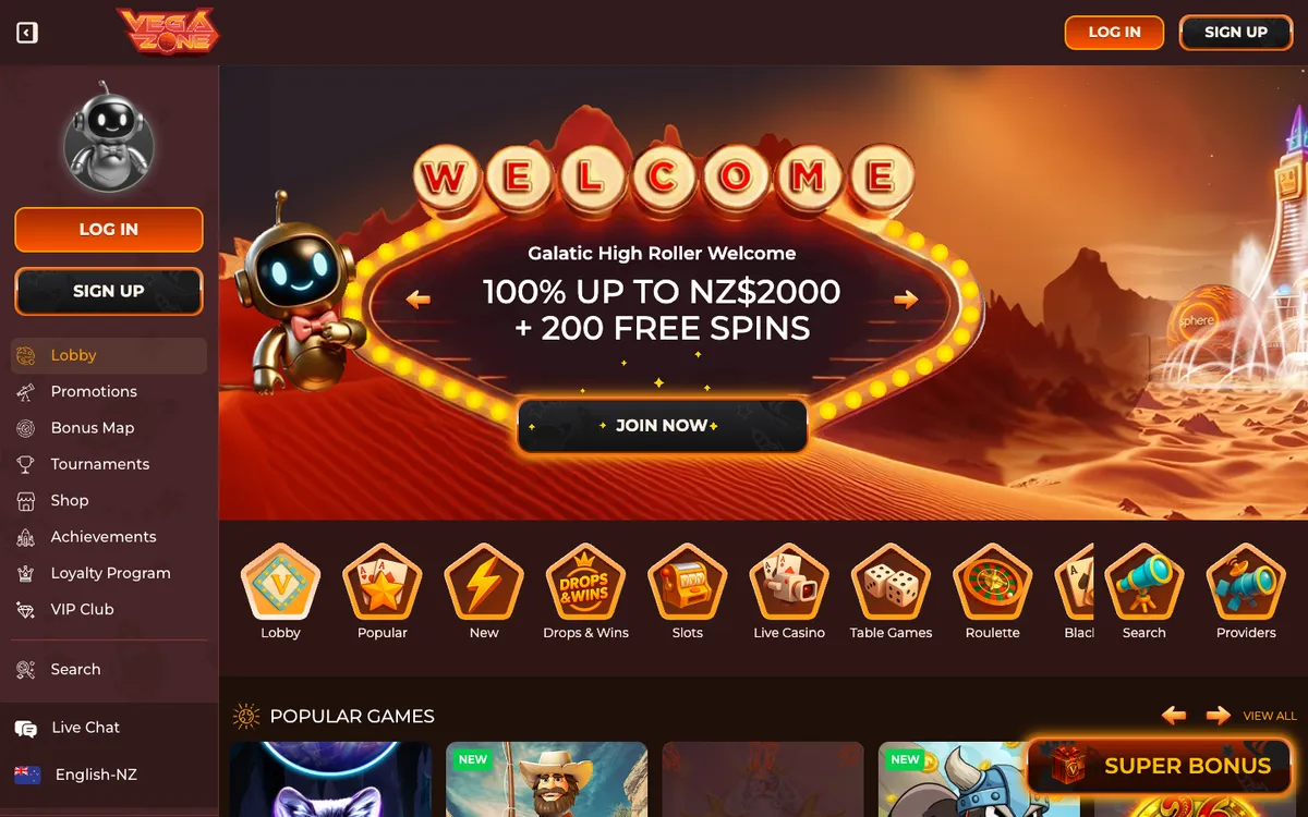 VegaZone Casino — «Главная», снято из страны Новая Зеландия