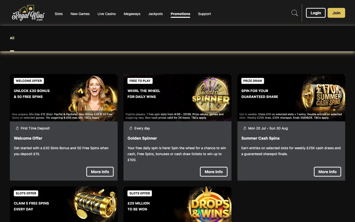 Regal Wins Casino — Promotions, captured from United Kingdom