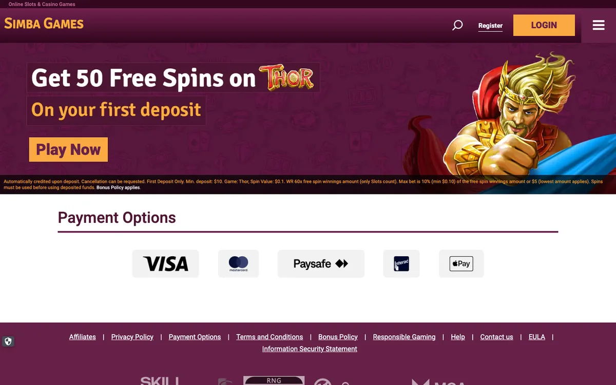 Simba Games — Payments, captured from Canada