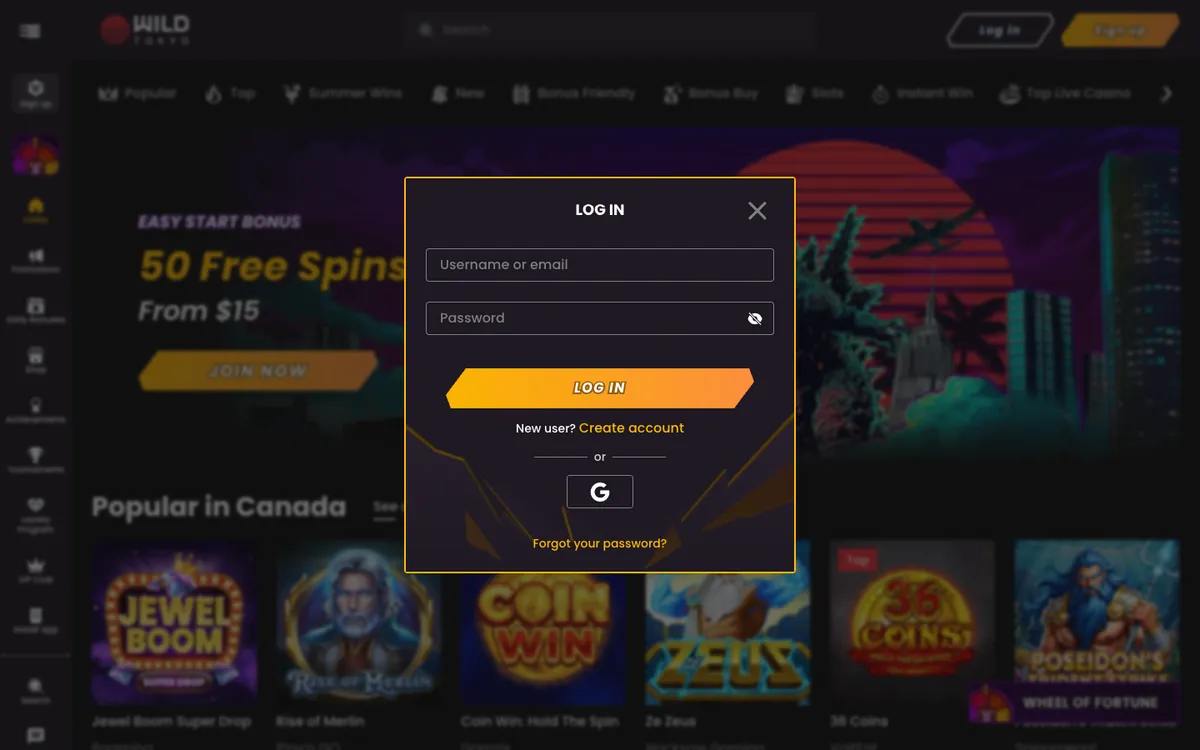 Wild Tokyo Casino — «Регистрация», снято из страны Канада