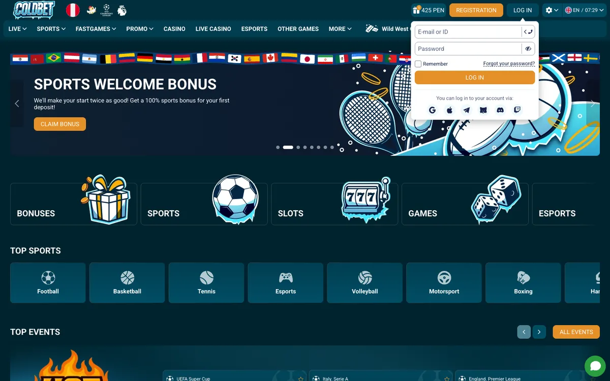Coldbet Casino — «Регистрация», снято из страны Перу