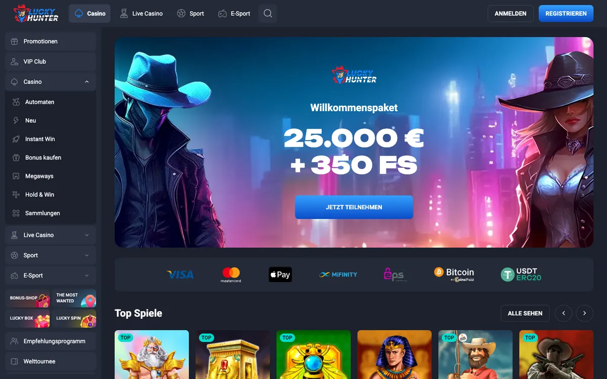 Lucky Hunter Casino — Home page, captured from Austria