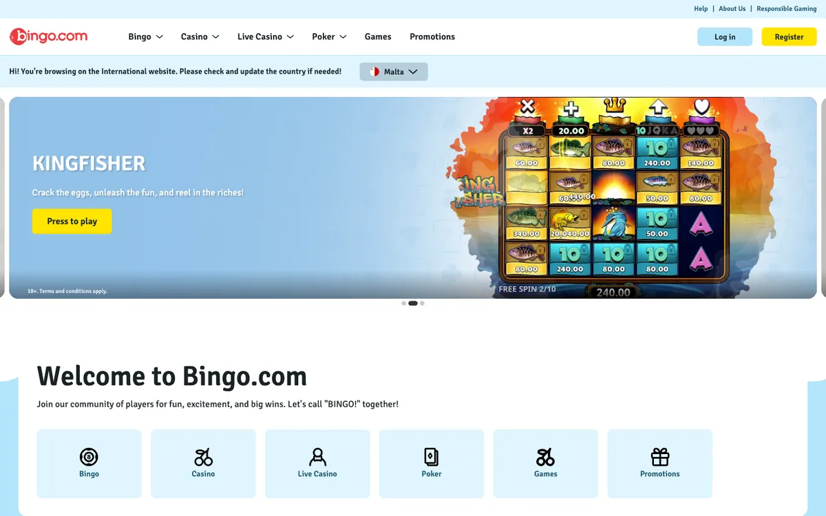 Bingo.com Casino — Home page, captured from Czechia