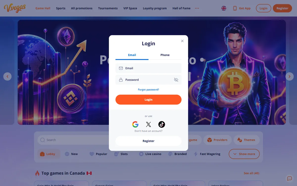 V.Vegas Casino — Sign-up, captured from Canada