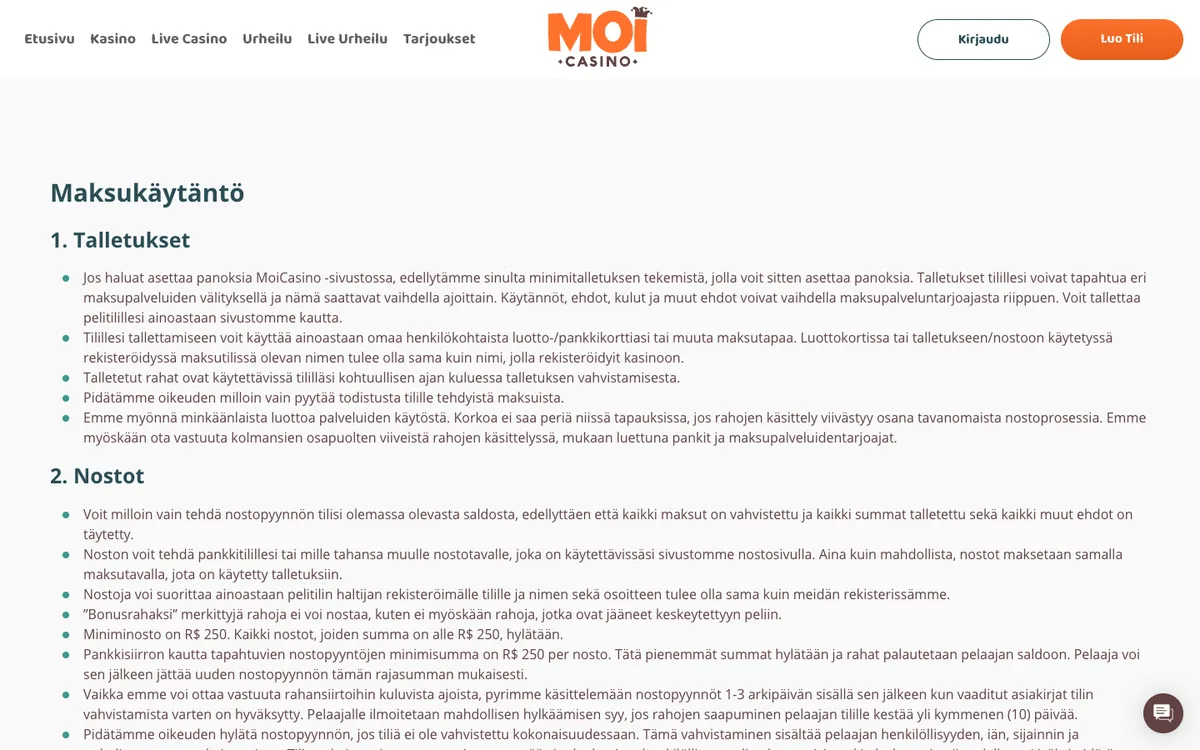 MoiCasino — «Платежи», снято из страны Финляндия