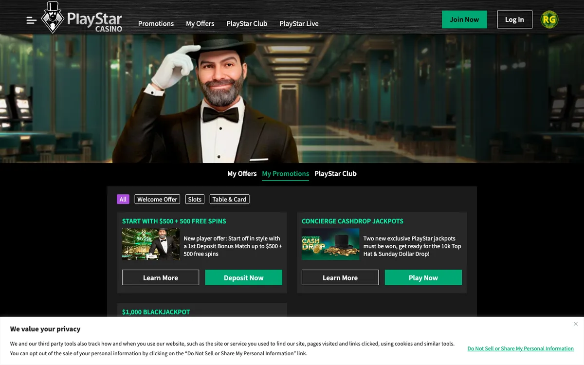 PlayStar Casino USA — Promotions, captured from United States
