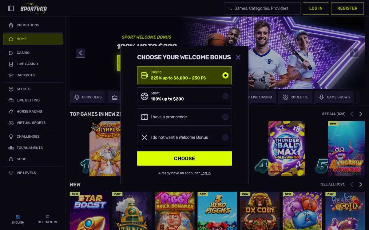 Sportuna Casino — Sign-up, captured from New Zealand