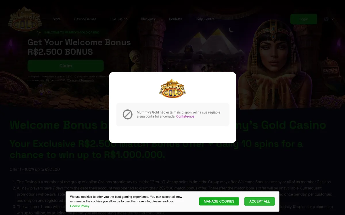 Mummy's Gold Casino — Promotions, captured from Brazil