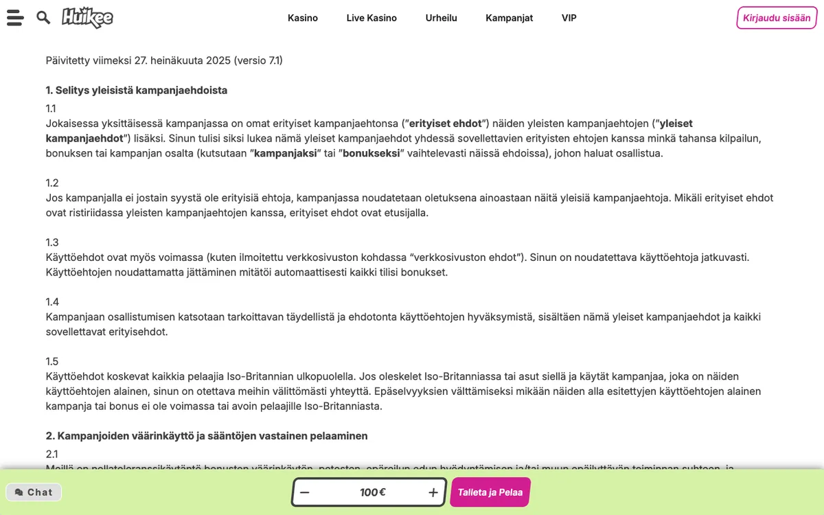 Huikee Casino — Promotions, captured from Finland