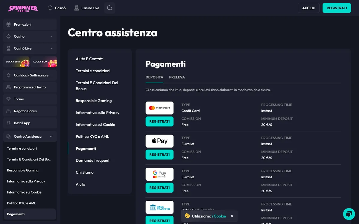 SpinFever Casino — Payments, captured from Italy