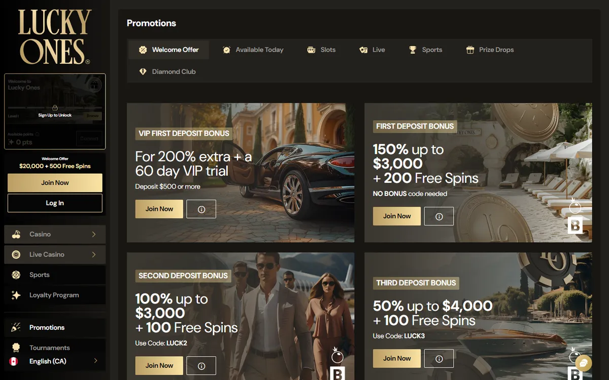 Lucky Ones Casino — Promotions, captured from Canada