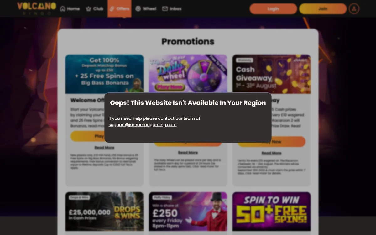 Volcano Bingo Casino — «Акции», снято из страны Австрия