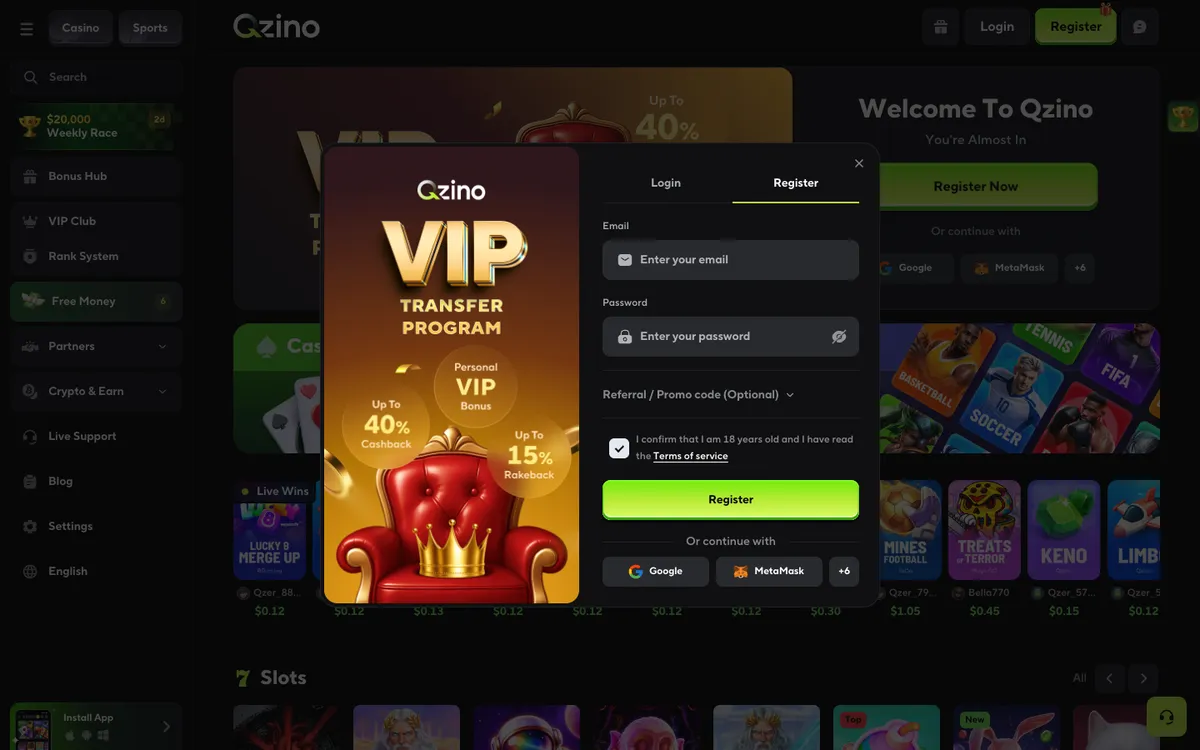 Qzino Casino — Sign-up, captured from South Korea