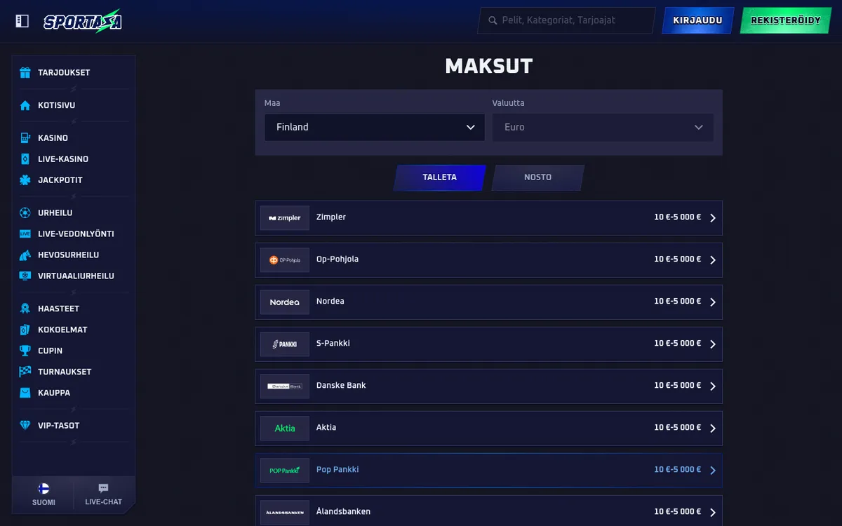 Sportaza Casino — Payments, captured from Finland