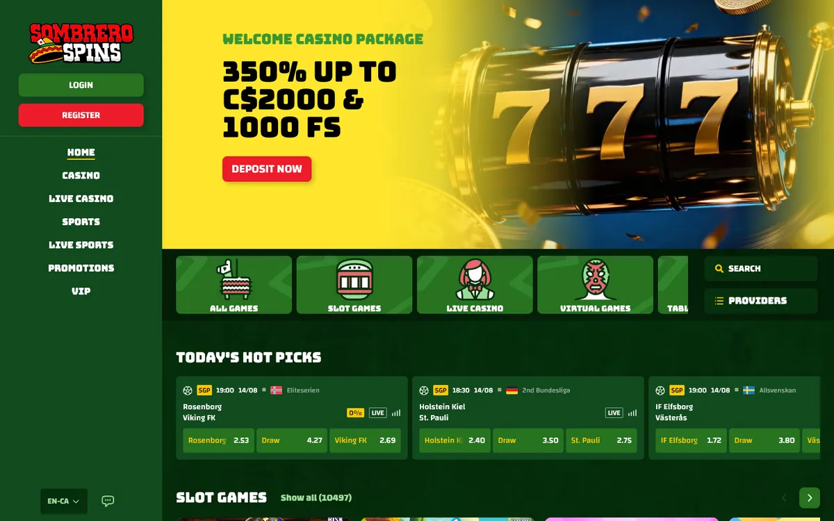 Sombrero Spins Casino — Home page, captured from Canada