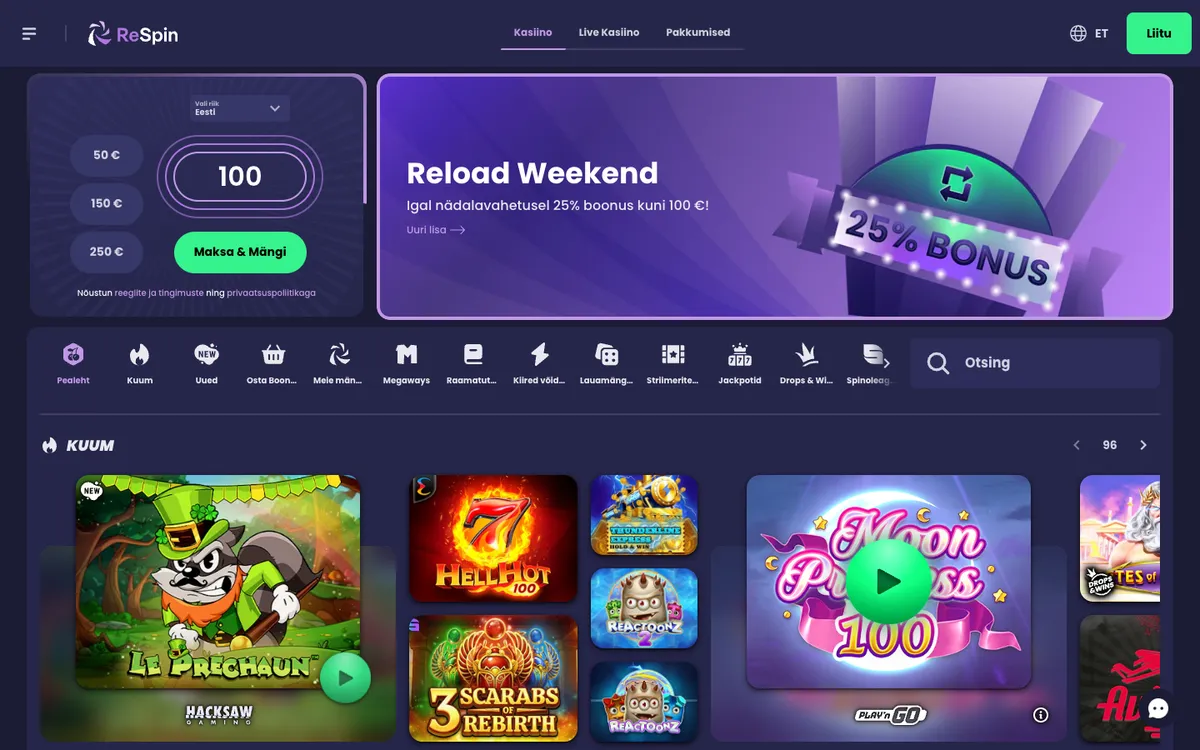ReSpin Casino — Home page, captured from Estonia