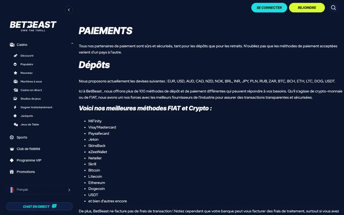 BetBeast Casino — Payments, captured from France