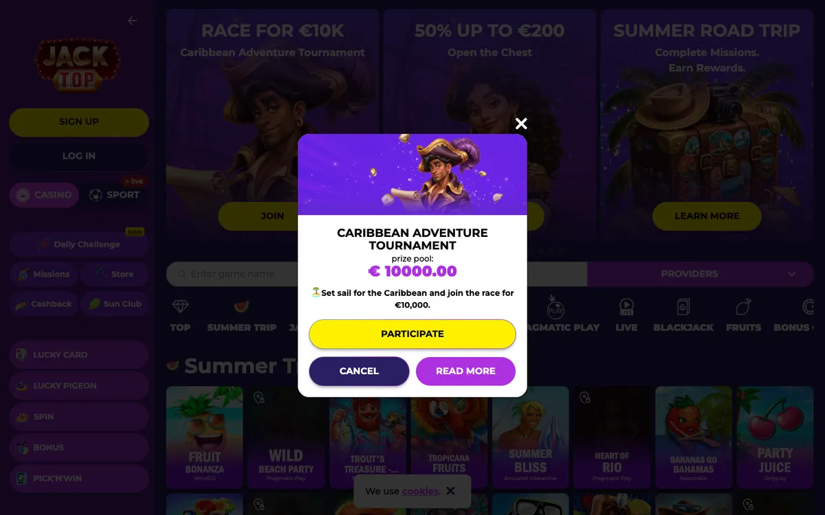 Jacktop Casino — Home page, captured from Belgium