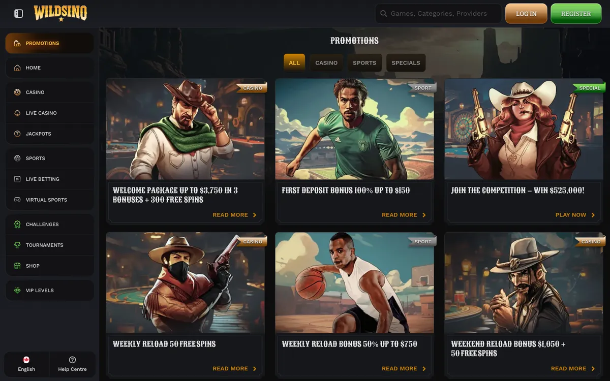 Wildsino Casino — Promotions, captured from Canada