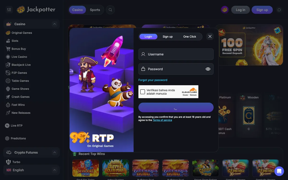 Jackpotter Casino — Sign-up, captured from Indonesia