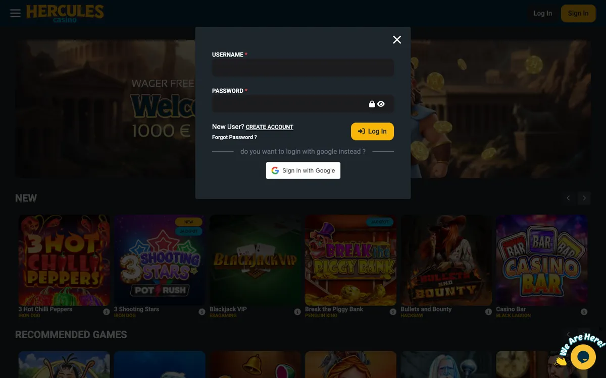 Hercules Casino — Sign-up, captured from Canada