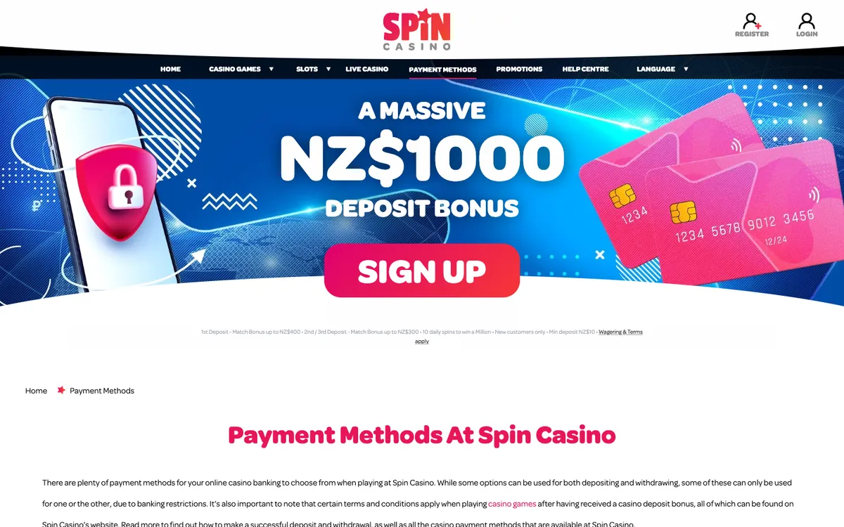 Spin Casino — «Платежи», снято из страны Новая Зеландия