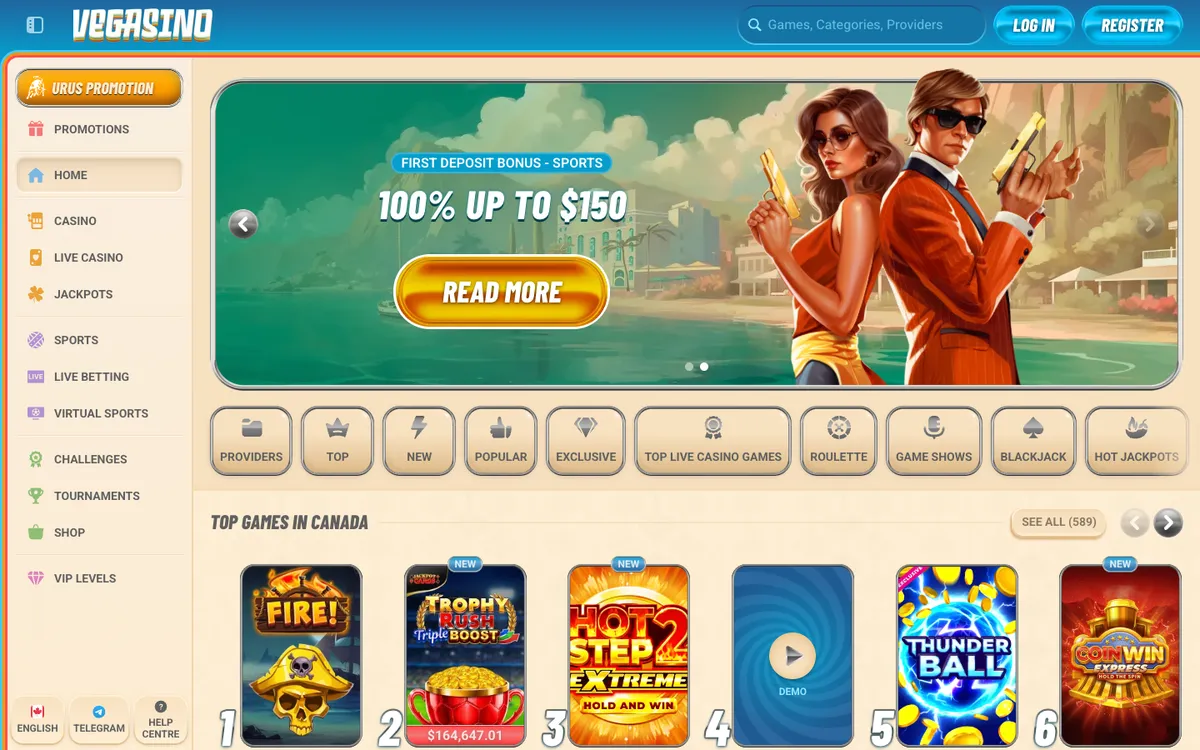Vegasino Casino — Home page, captured from Canada